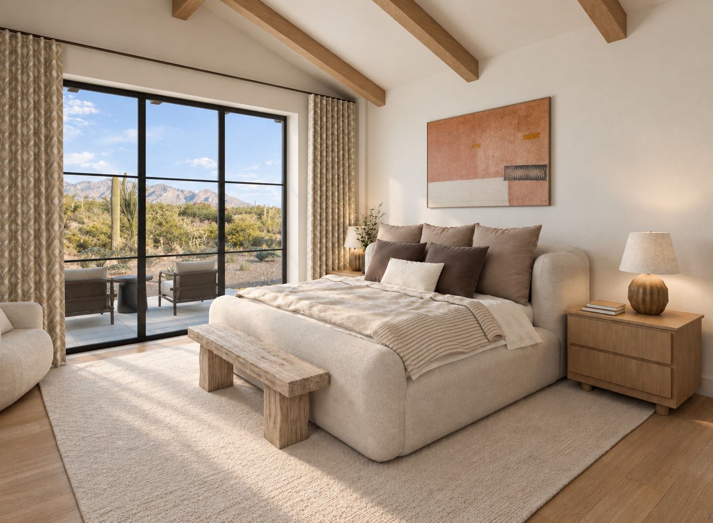 Rendering of Lot 275's primary bedroom with a vaulted wood-beamed ceiling, neutral furnishings and black-framed glass doors opening to a patio with desert and mountain views